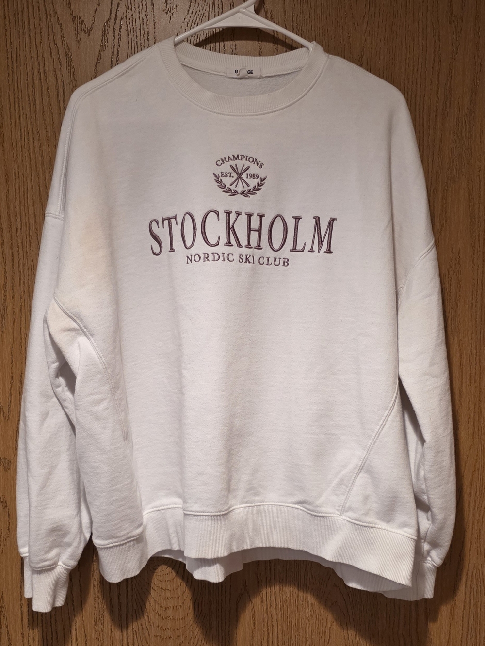 Garage White Crewneck Sweatshirt with Burgundy Stockholm Logo